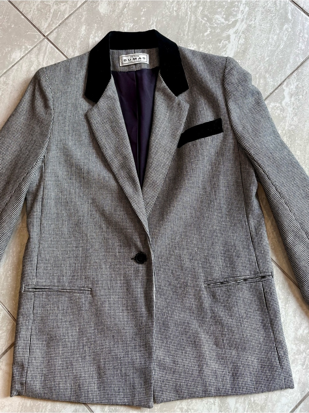 Vintage Petite Dumas Houndstooth Blazer Black Velvet Collar Made USA